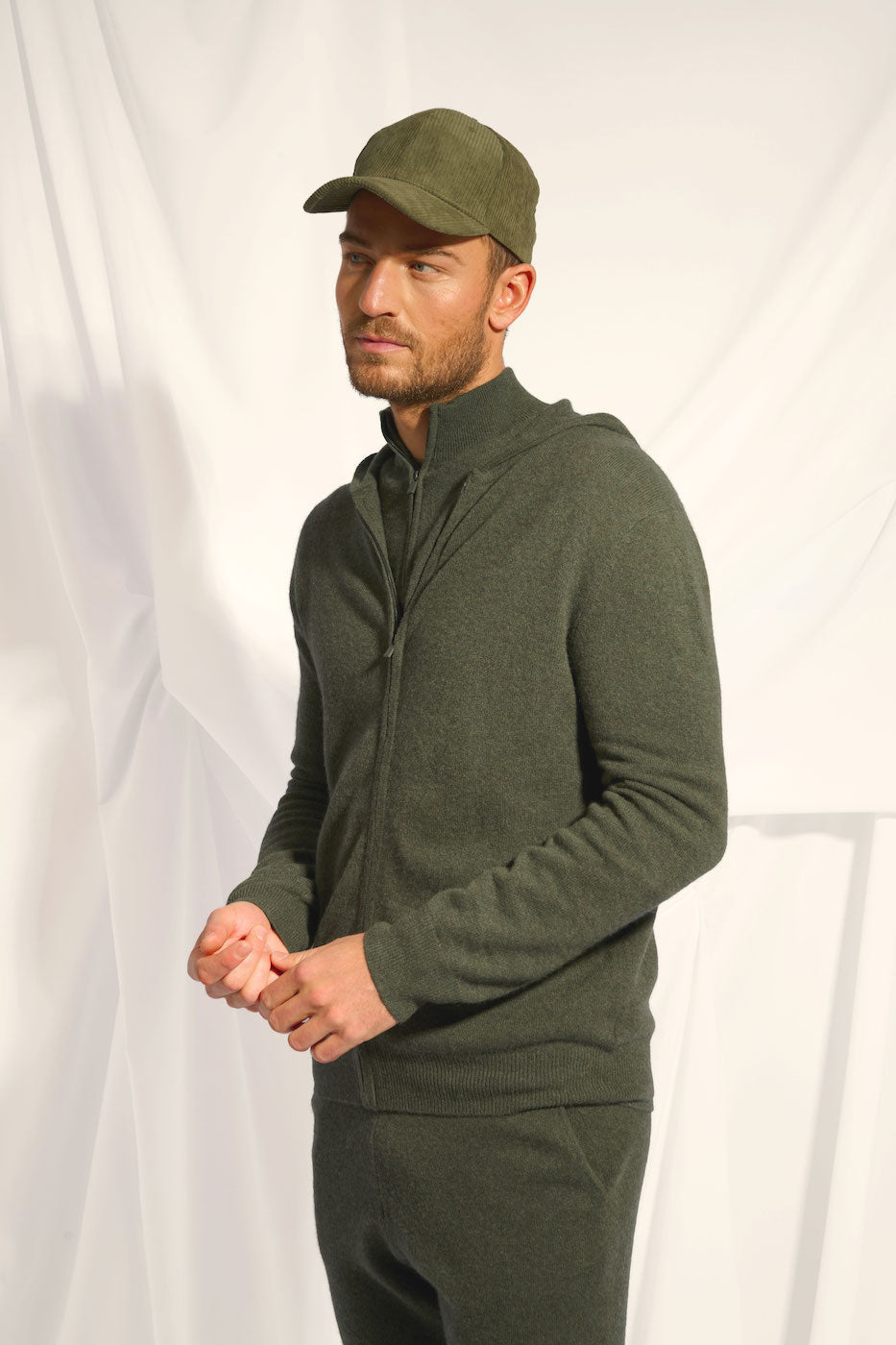 Zip-Up Hooded Cardigan - Elliot - Khaki Marl