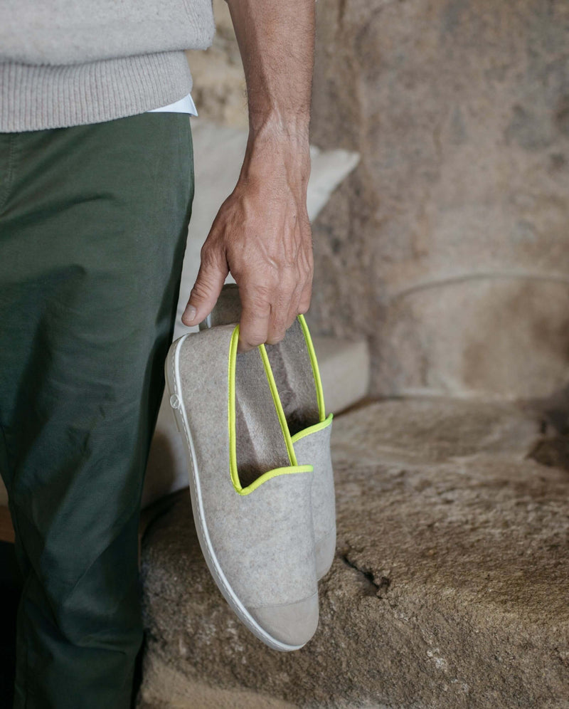 chausson laine homme beige jaune fluo Angarde nature morte