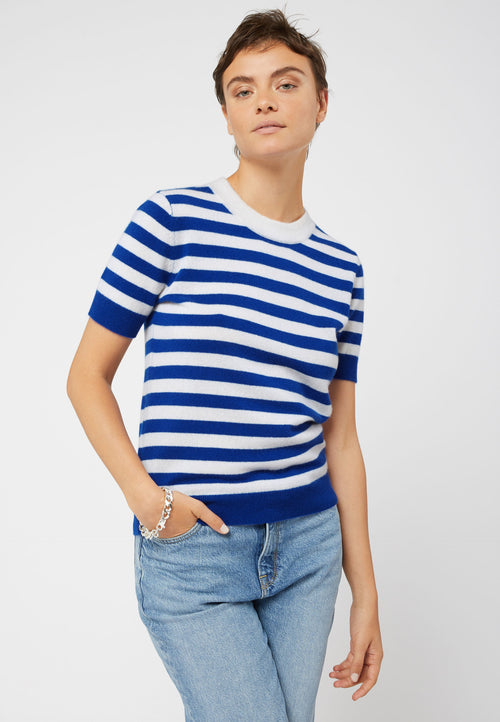 Jersey de rayas de manga corta - Blanco - 100% Cashmere - Mujer