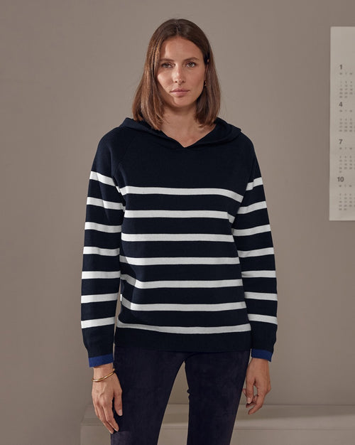 Pull Mariniere A Capuche - Bleu Marine - Femme