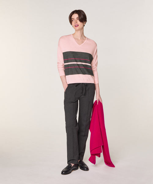 Jersey de rayas con cuello de pico - Rosa Perla - Mujer