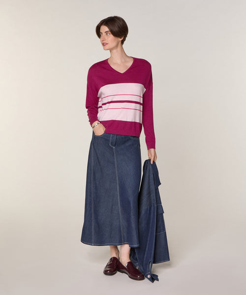 Jersey de rayas con cuello de pico - Cassis Violet - Mujer