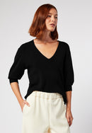 Pull Col V Manches 3/4 - Noir - Femme