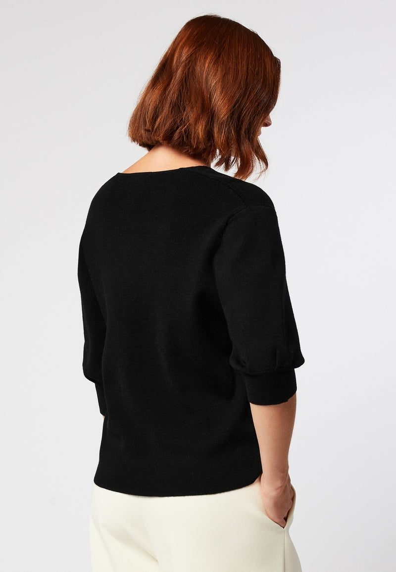 Pull Col V Manches 3/4 - Noir - Femme