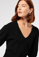 Pull Col V Manches 3/4 - Noir - Femme