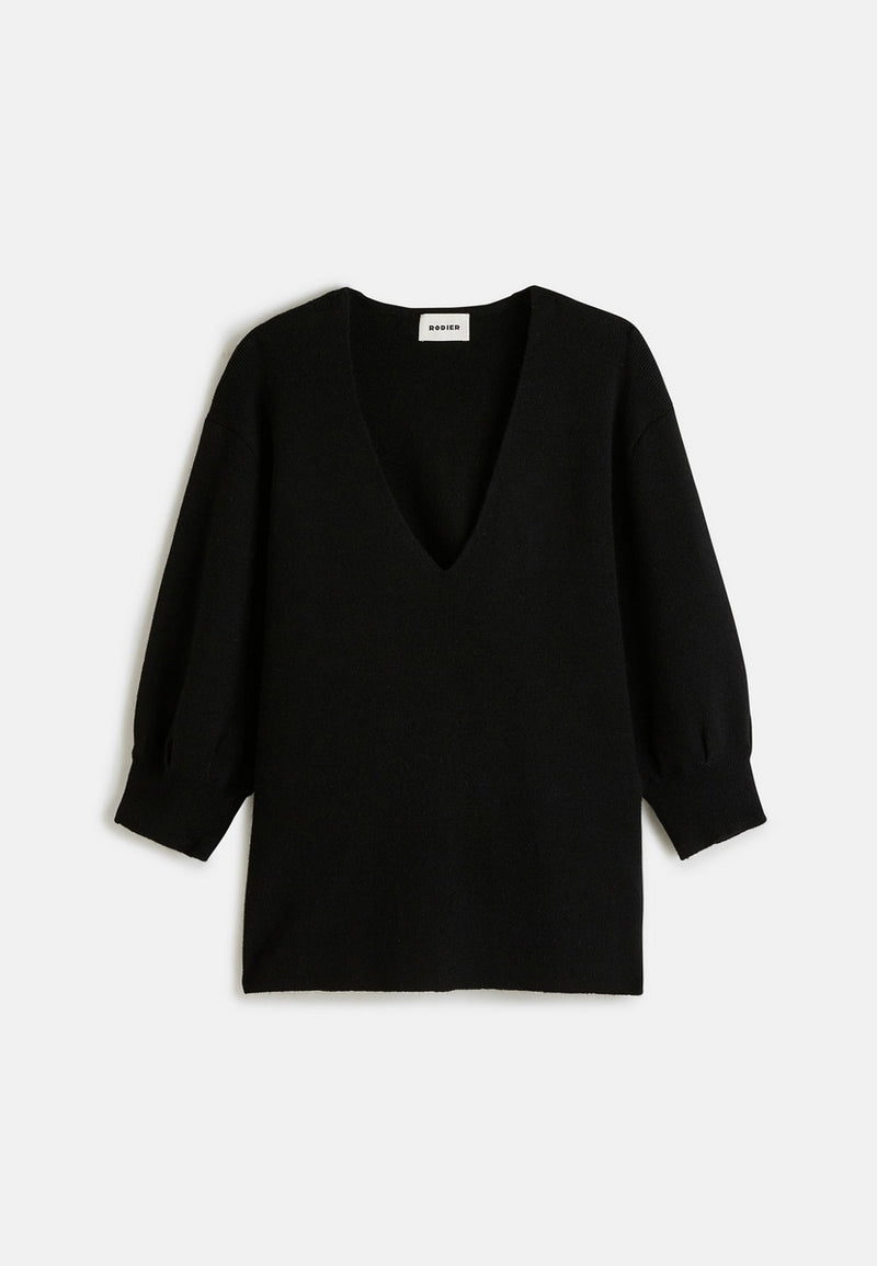 Pull Col V Manches 3/4 - Noir - Femme