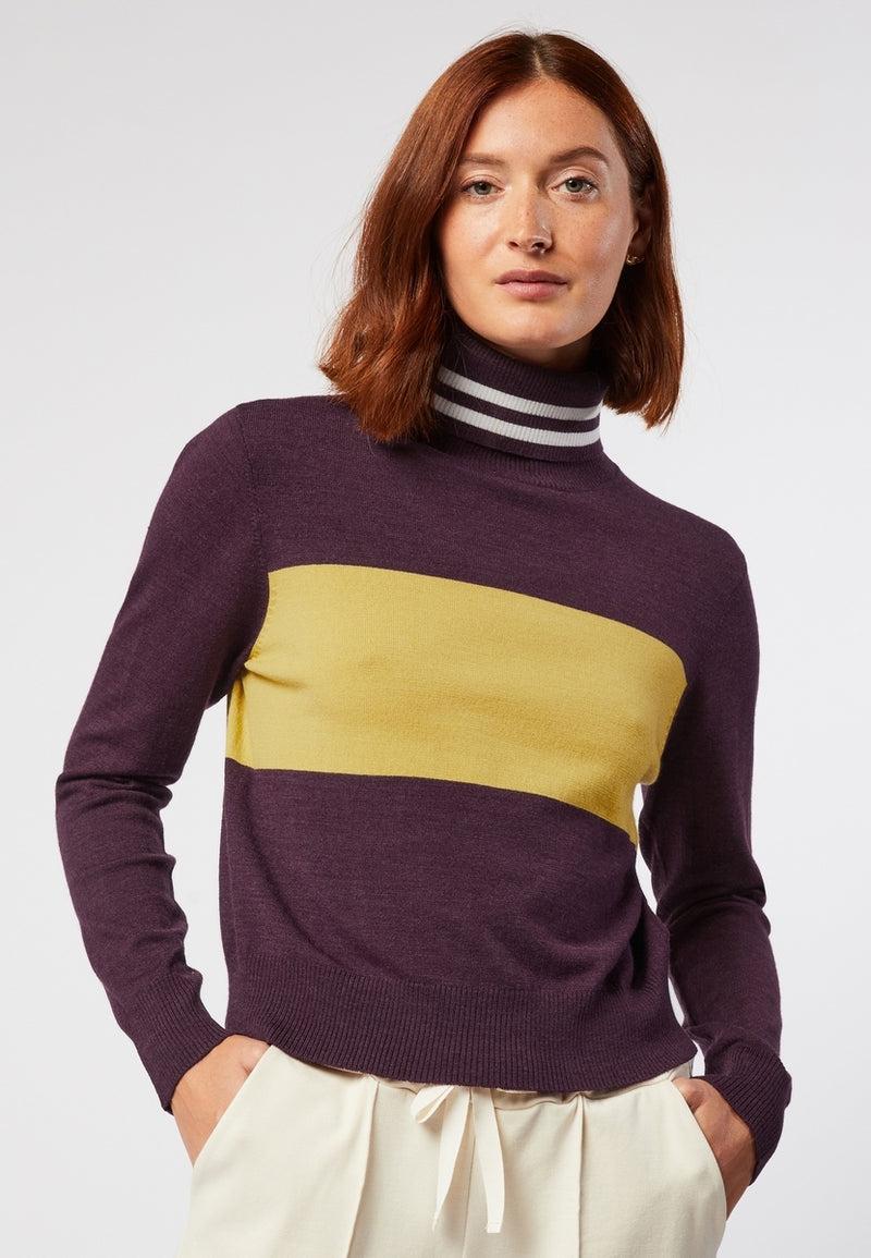 Pull Col Roule Bicolore - Violet Aubergine - Femme