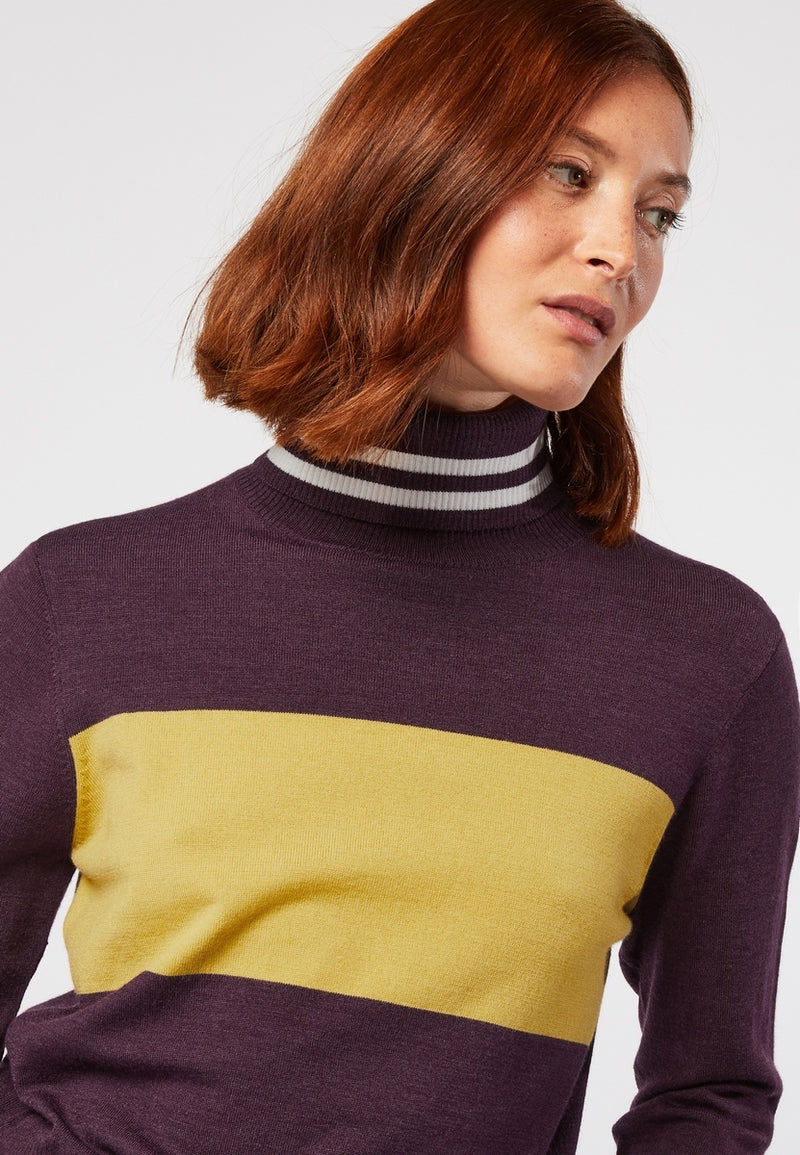 Pull Col Roule Bicolore - Violet Aubergine - Femme