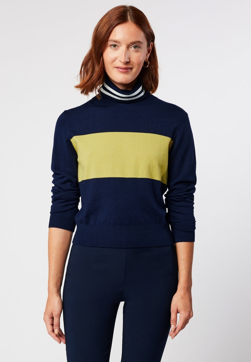 Pull Col Roule Bicolore - Bleu Marine - Femme