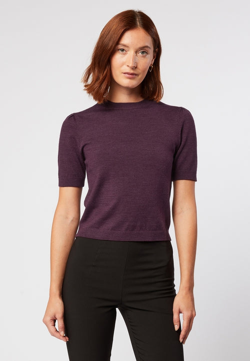 Pull Manches Courtes Col Rond - Violet Aubergine - Femme