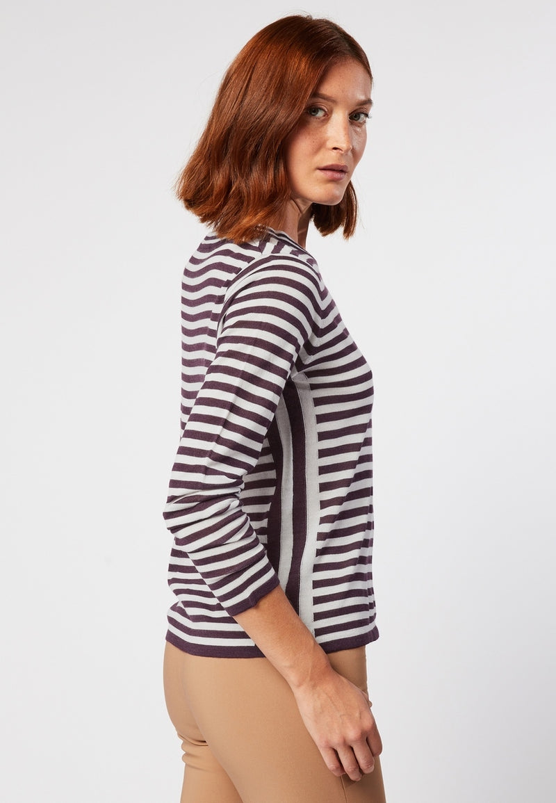 Pull Col Rond Raye Moulant - Violet Aubergine - Femme