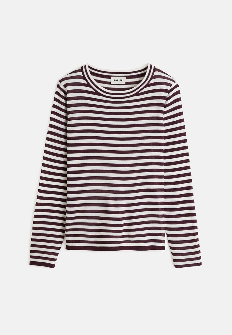 Pull Col Rond Raye Moulant - Violet Aubergine - Femme