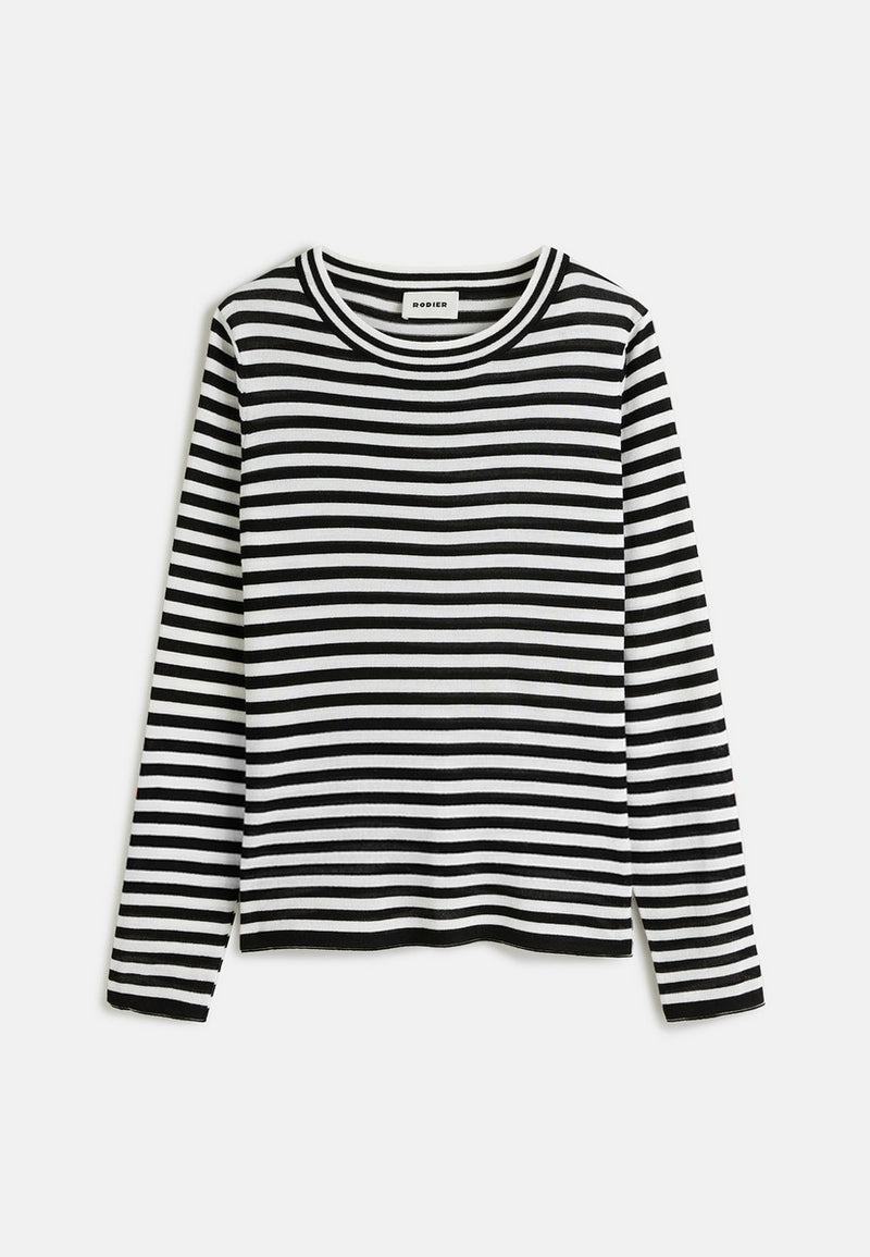 Pull Col Rond Raye Moulant - Noir - Femme