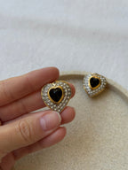 Boucles D’Oreilles Vintage - Cœurs Strass Et Cabochon Noir