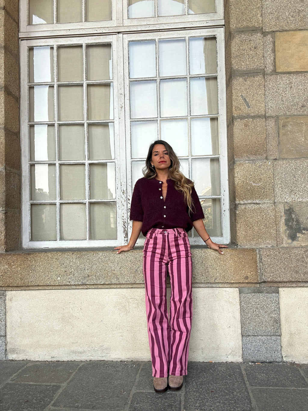 Jean à rayures Isabeau rose et bordeaux