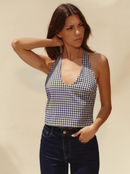 Top Blue Vichy décolleté