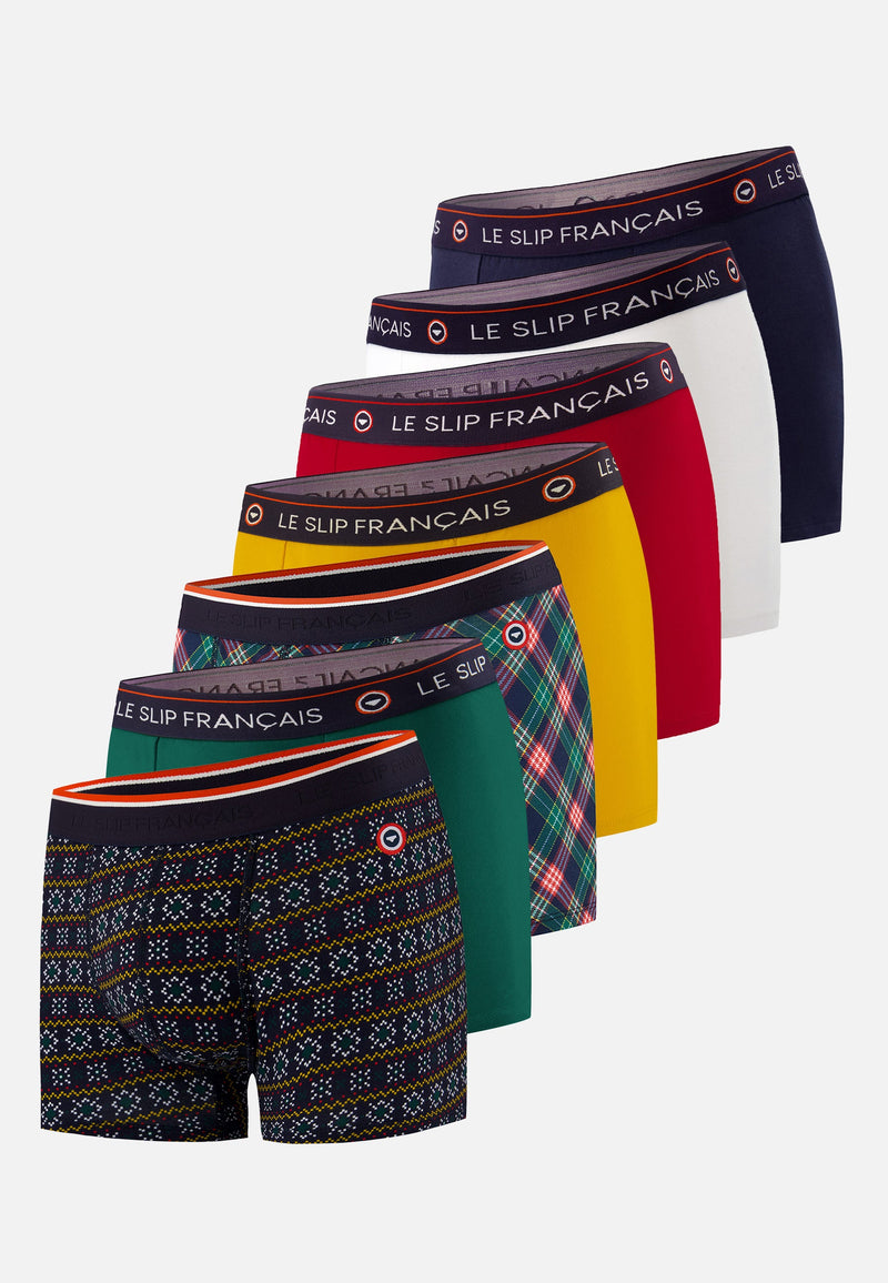 Lot De 7 Boxers En Coton - Boxers Moutarde Vert Sapin Rouge Cerise Marine Blanc Flocon Tartan