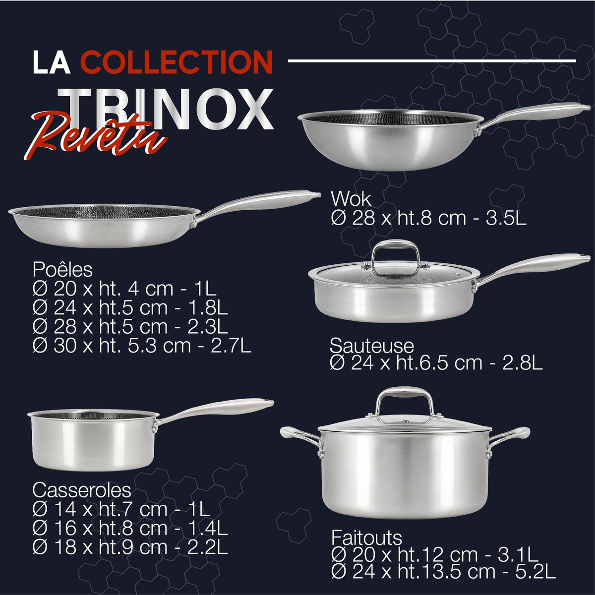 Trinox - Sæt med 3 pander - Rustfrit stål med non-stick belægning uden PFAS - Ø24/28/30 cm