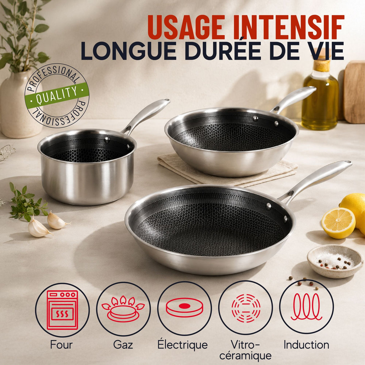 Trinox - Set de 5 piezas - Acero inoxidable con revestimiento antiadherente sin PFAS