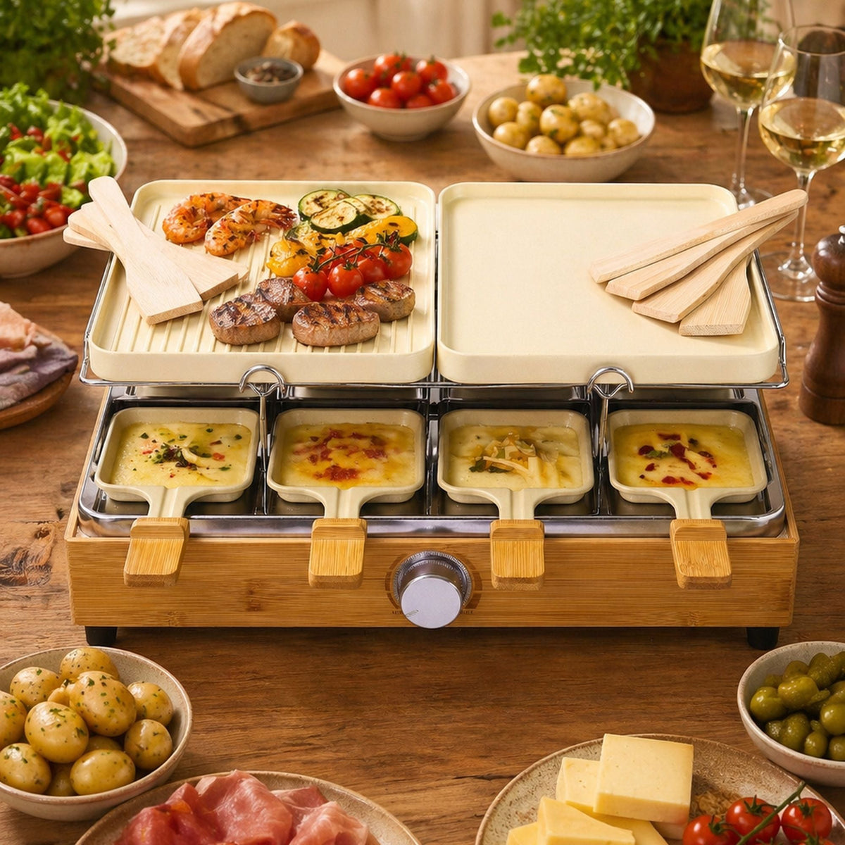 Gourmet- en racletteset voor 8 personen - Aluminium en bamboe - Crème