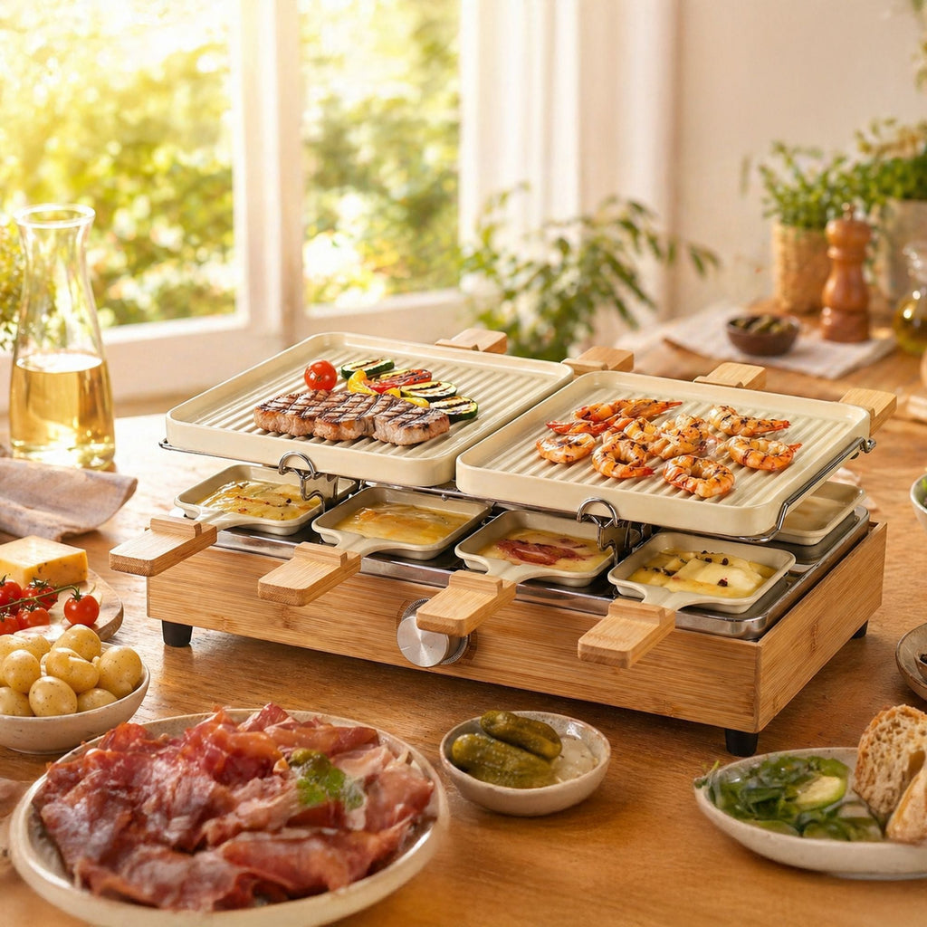 Gourmet- en racletteset voor 8 personen - Aluminium en bamboe - Crème
