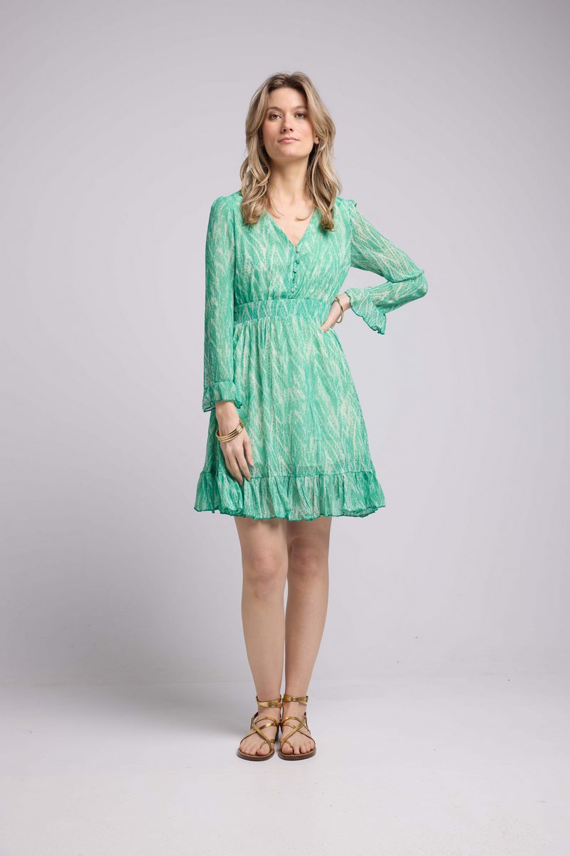 Vestido corto de manga larga - Estampado verde
