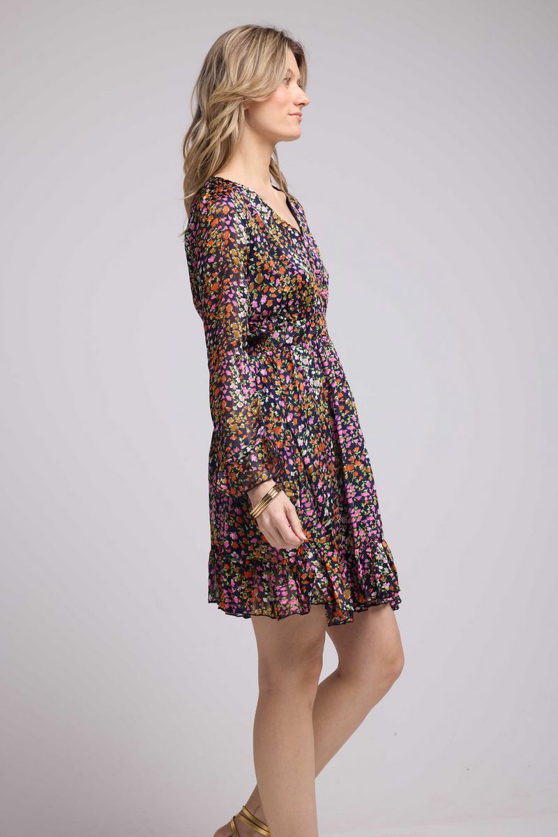 Vestido corto de manga larga - Flores multicolores