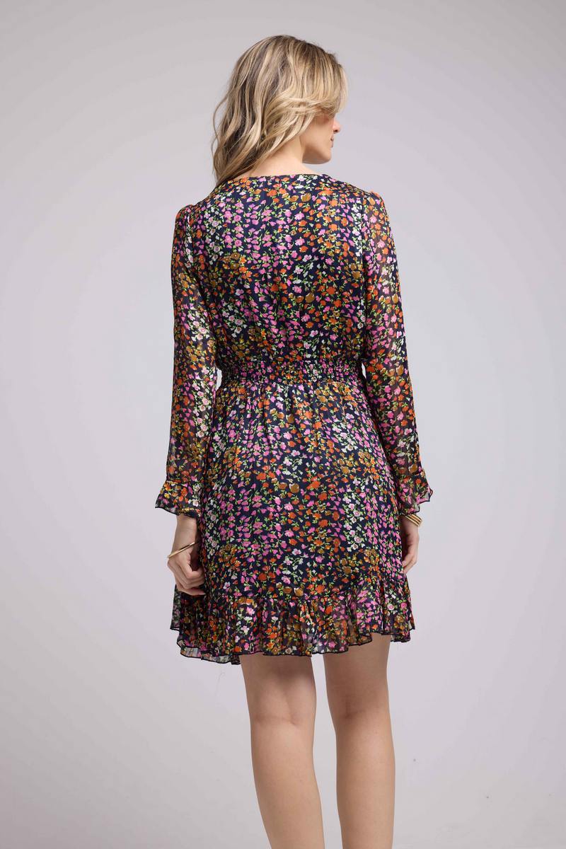Vestido corto de manga larga - Flores multicolores