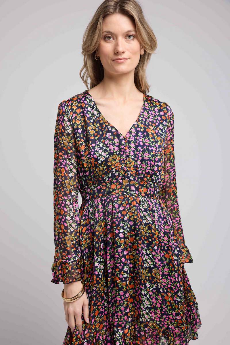 Vestido corto de manga larga - Flores multicolores