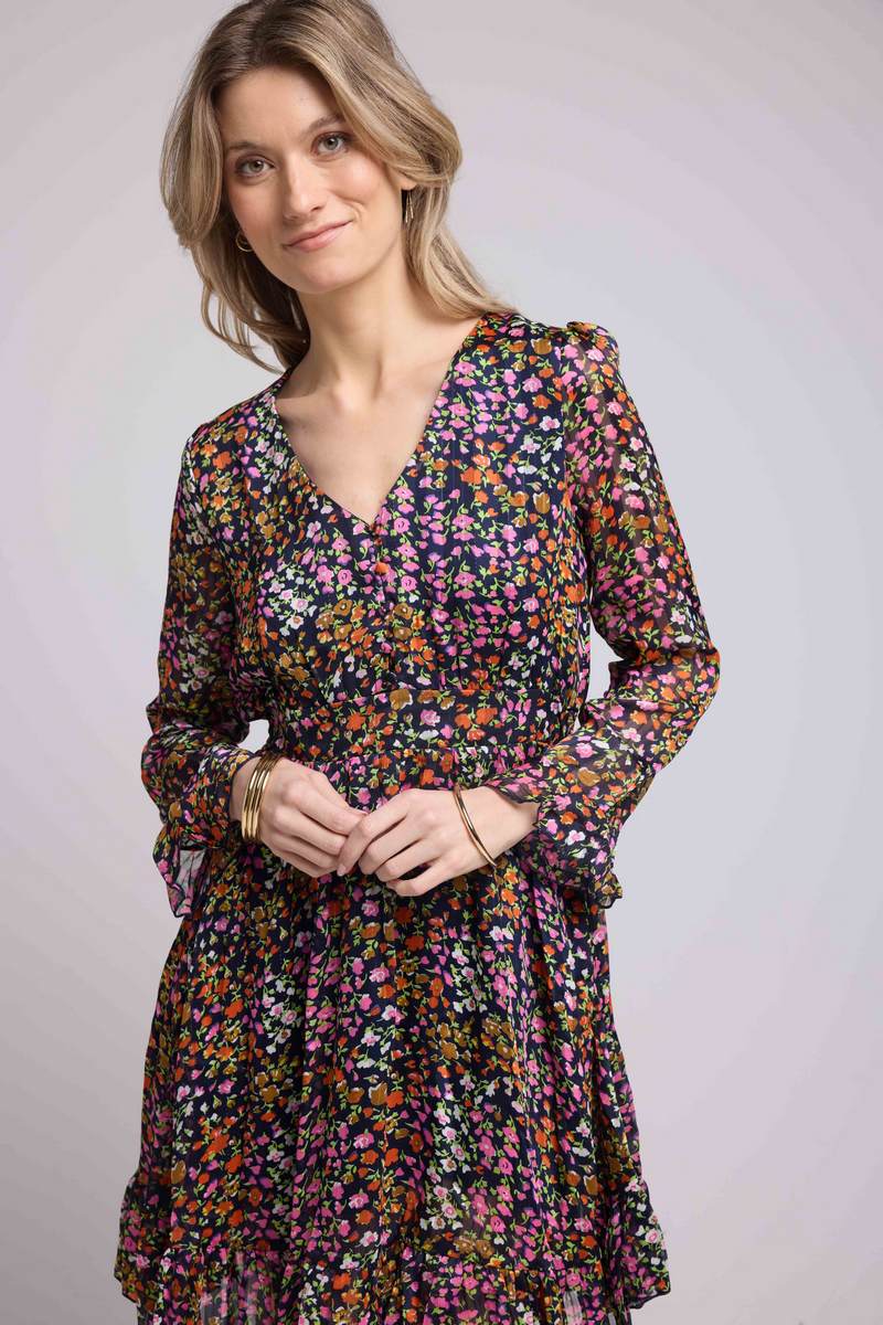 Vestido corto de manga larga - Flores multicolores