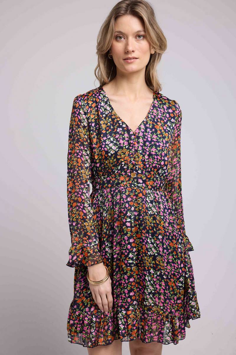 Vestido corto de manga larga - Flores multicolores