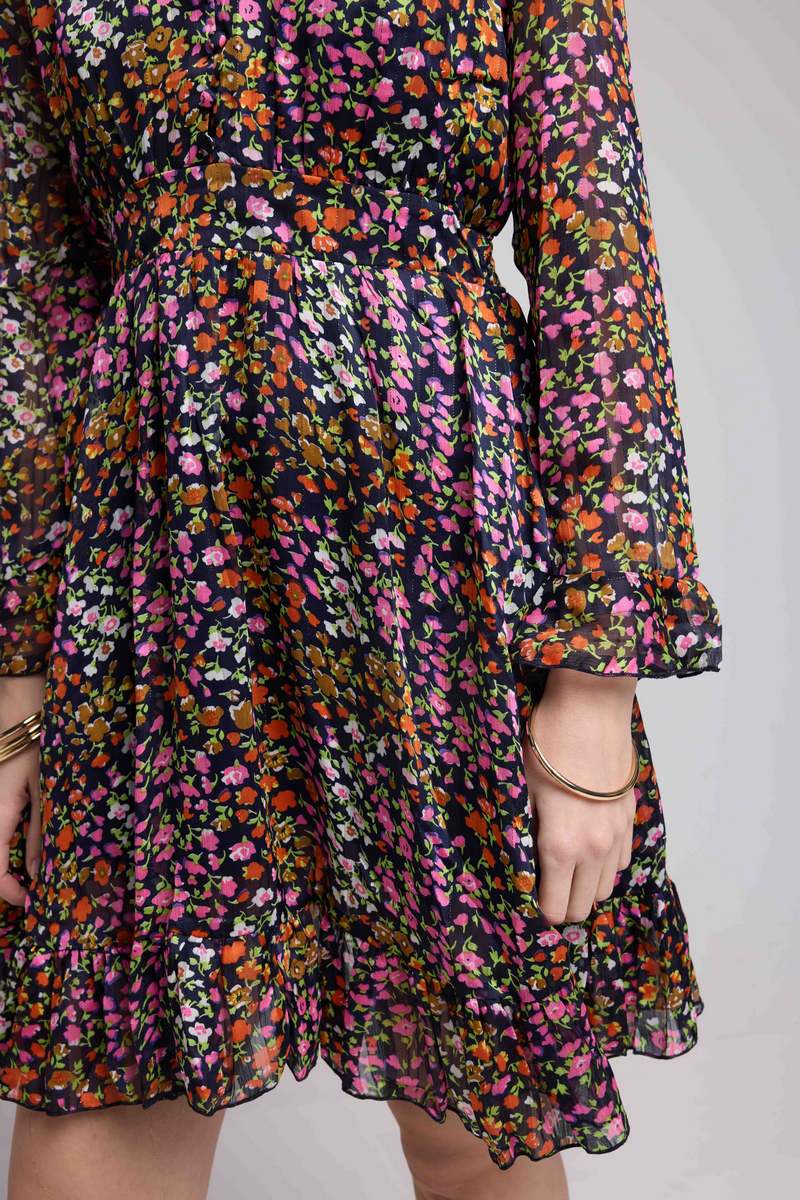 Vestido corto de manga larga - Flores multicolores