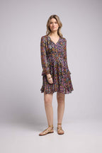 Vestido corto de manga larga - Flores multicolores