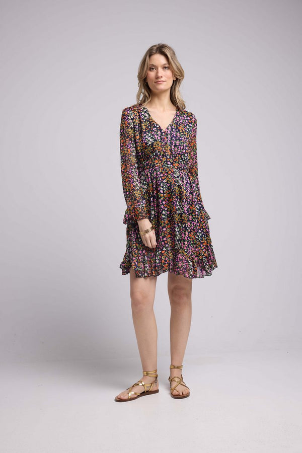 Vestido corto de manga larga - Flores multicolores