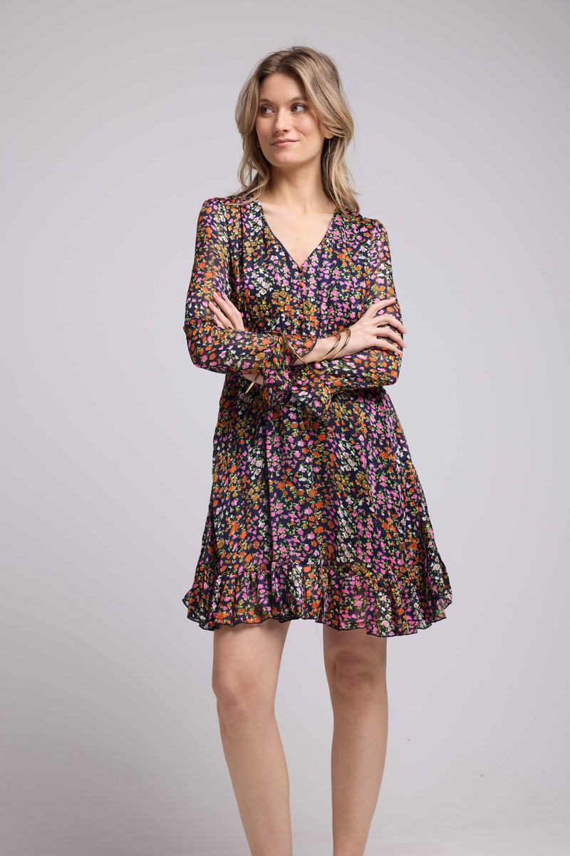Vestido corto de manga larga - Flores multicolores