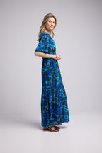 Vestido Largo Manga Corta - Flores Azules