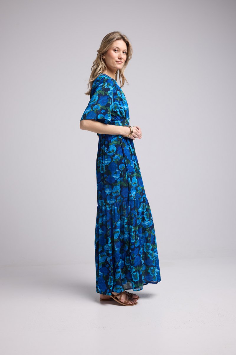 Vestido Largo Manga Corta - Flores Azules