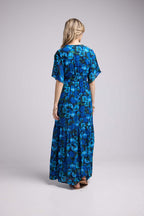 Vestido Largo Manga Corta - Flores Azules