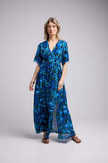 Vestido Largo Manga Corta - Flores Azules