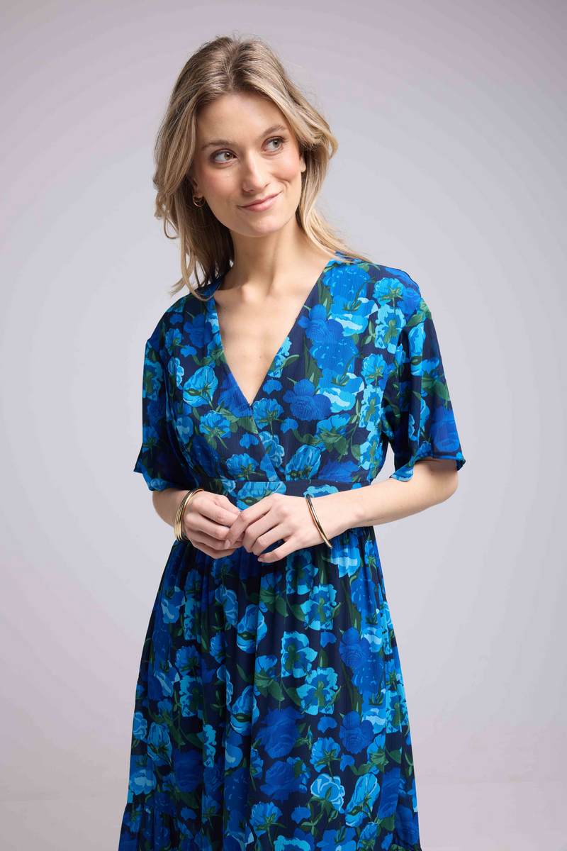 Vestido Largo Manga Corta - Flores Azules