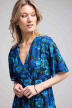 Vestido Largo Manga Corta - Flores Azules