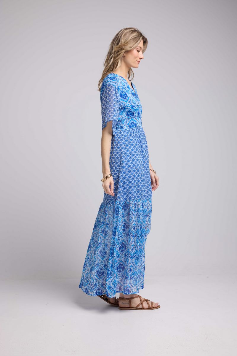 Vestido Largo Manga Corta - Bandana Azul