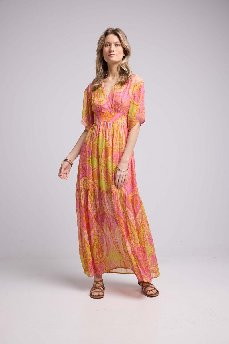 Robe Longue Manches Courtes - Jaune Orange Violet