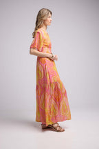 Robe Longue Manches Courtes - Jaune Orange Violet
