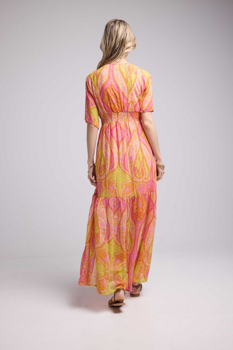Robe Longue Manches Courtes - Jaune Orange Violet