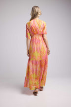 Robe Longue Manches Courtes - Jaune Orange Violet