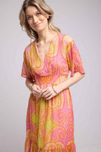 Robe Longue Manches Courtes - Jaune Orange Violet