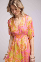 Robe Longue Manches Courtes - Jaune Orange Violet