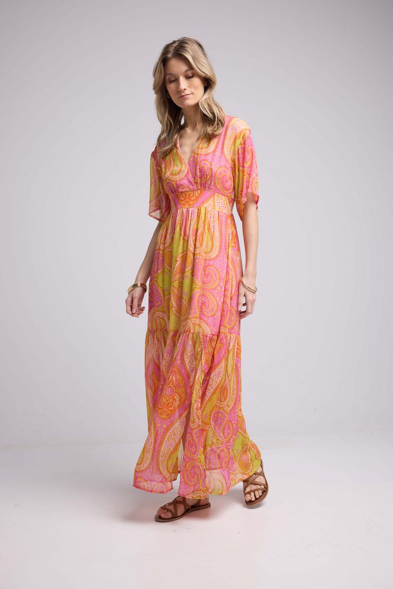 Robe Longue Manches Courtes - Jaune Orange Violet