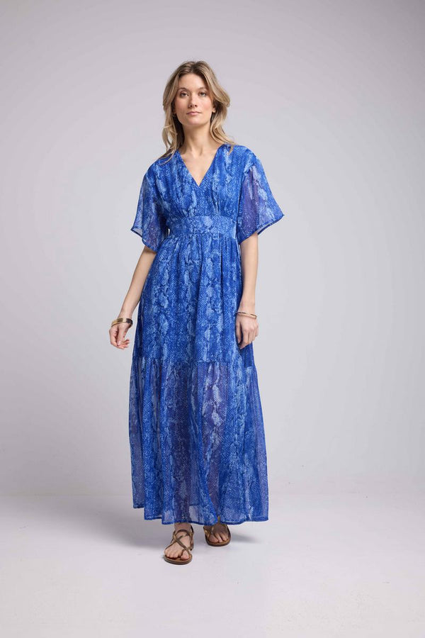 Vestido Largo Manga Corta - Serpiente Azul